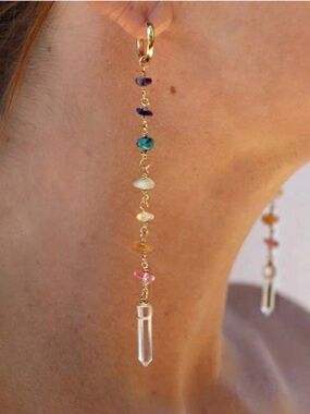 Gold Multistone Beaded 7 Chakra Huggie Drop Earrings- Bright Gems